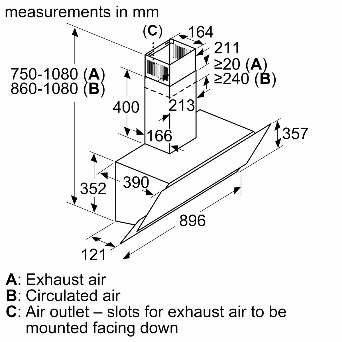Bosch DWK96AJ60M inclined cooker hood – technical line drawing
