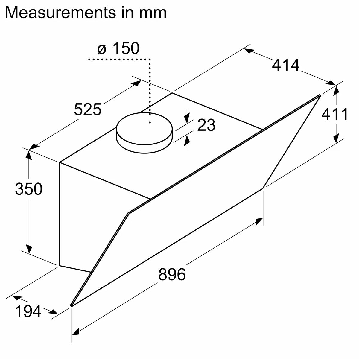 Bosch DWK96PJ60M inclined cooker hood – technical line drawing