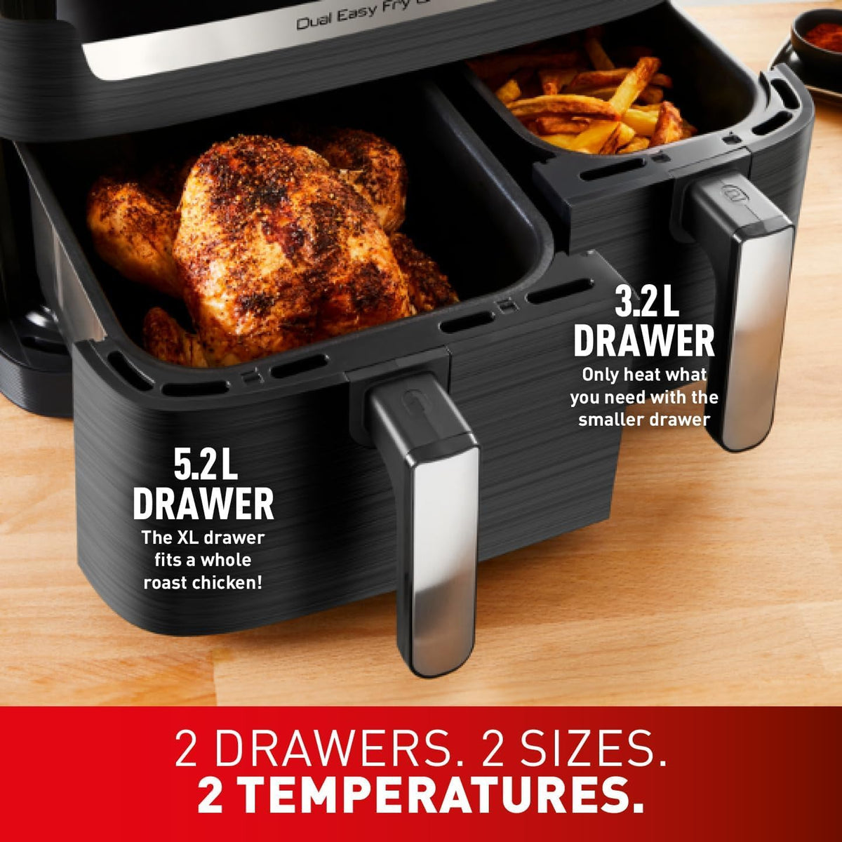 TEFAL Air Fryer Dual Easy Fry 8.3 L Dual Drawers Complete Family Meal 7 Pre-Set Programs Dishwasher-Safe Parts Dedicated App