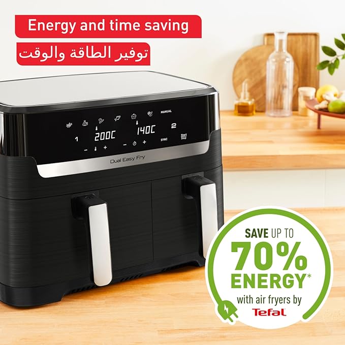 TEFAL Air Fryer Dual Easy Fry 8.3 L Dual Drawers Complete Family Meal 7 Pre-Set Programs Dishwasher-Safe Parts Dedicated App
