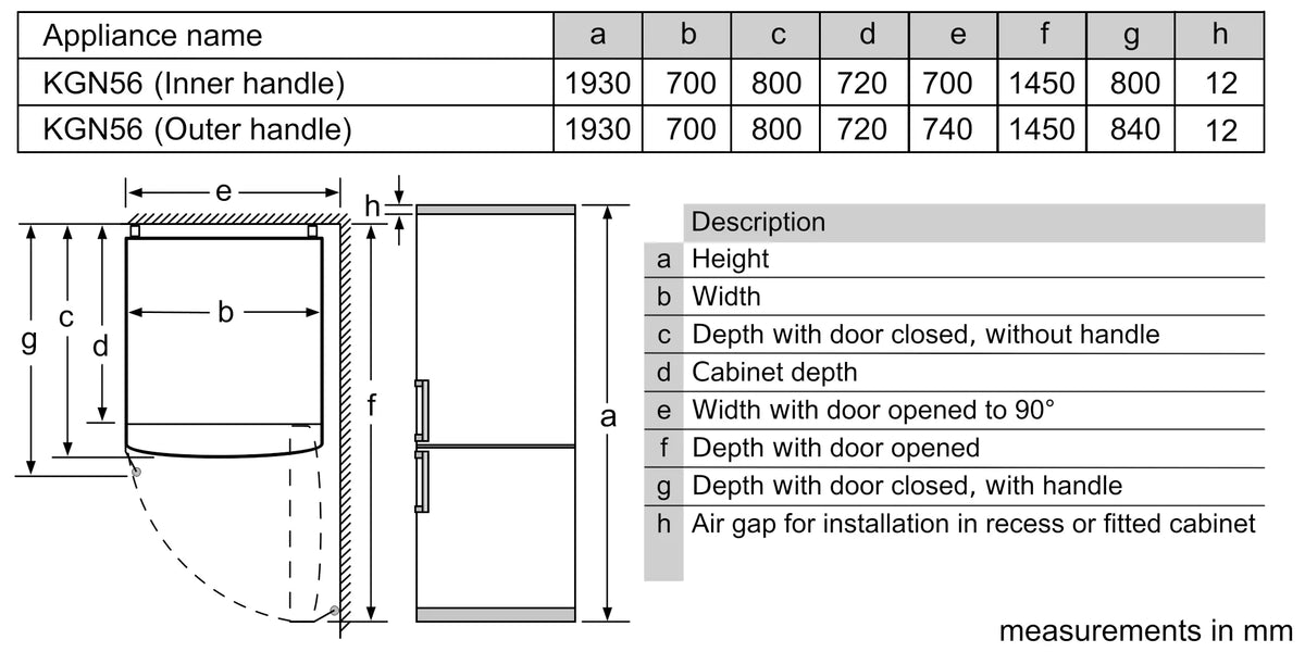 Bosch KGN56VI30M Series 4 bottom freezer refrigerator dimension line drawing