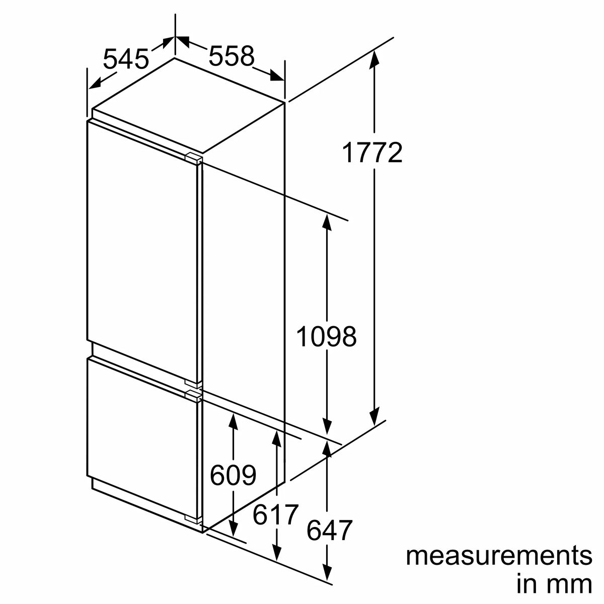 Bosch KIS87AF30O Series 6 built-in fridge freezer installation line drawing 1