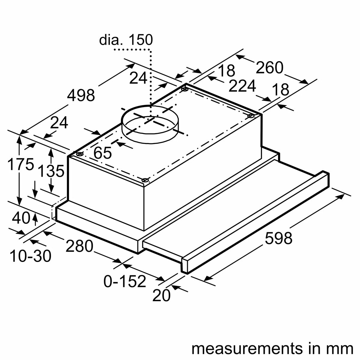Bosch DFT63CA50M telescopic cooker hood – technical line drawing