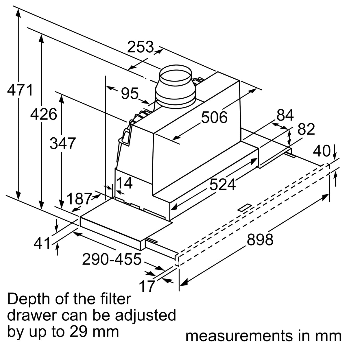 Bosch DFS097A51B telescopic cooker hood – technical line drawing
