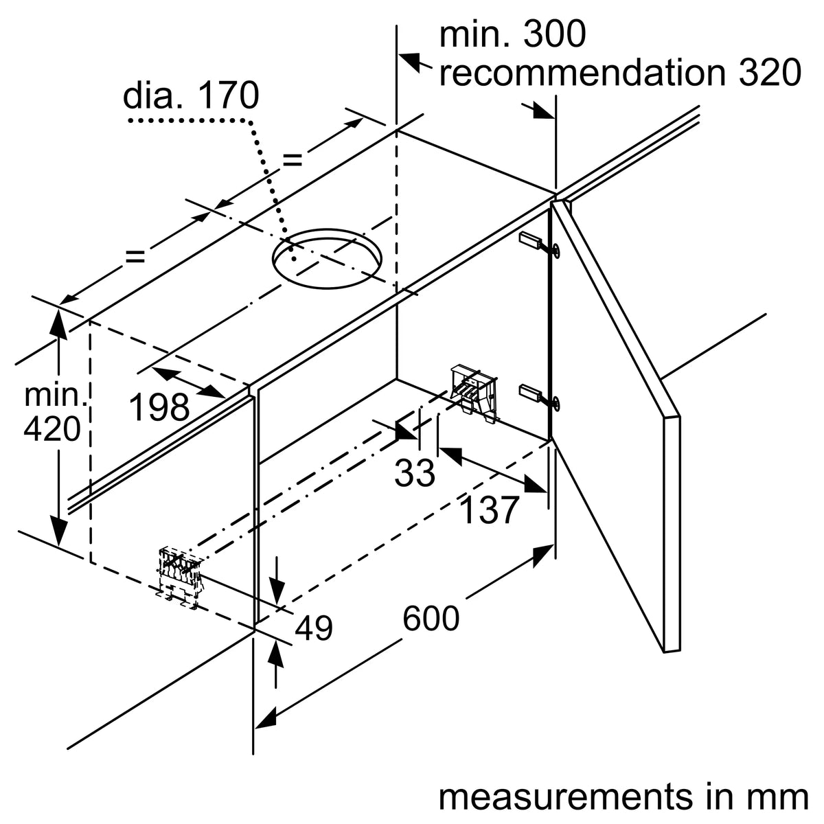Bosch DFS097A51B telescopic cooker hood – technical line drawing
