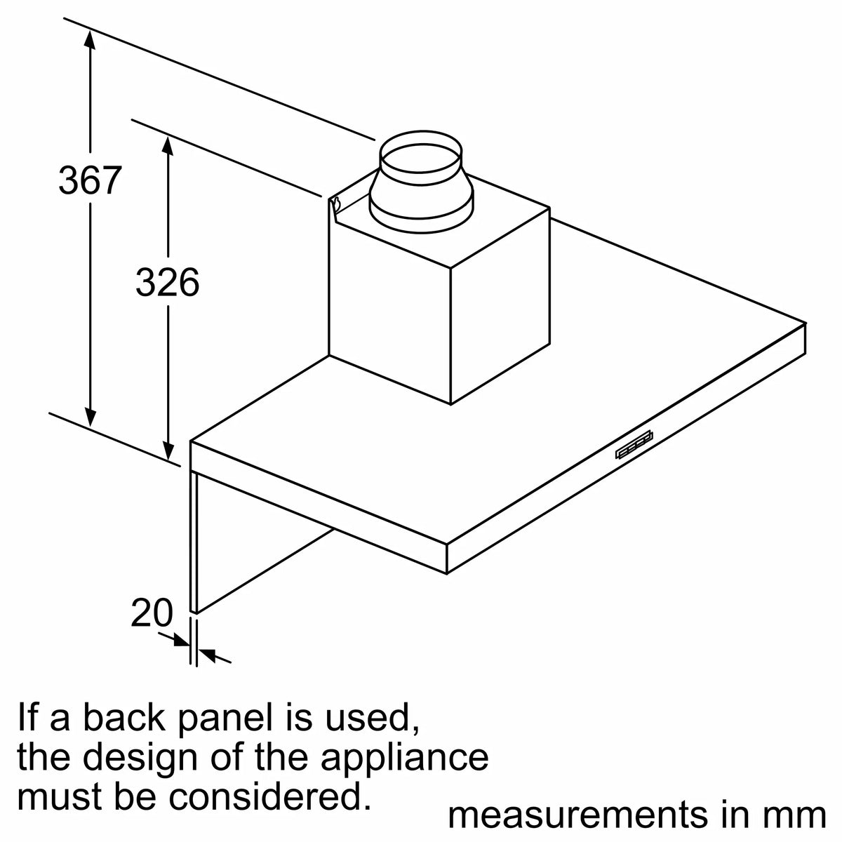 Bosch DWB64BC51B chimney cooker hood – technical line drawing