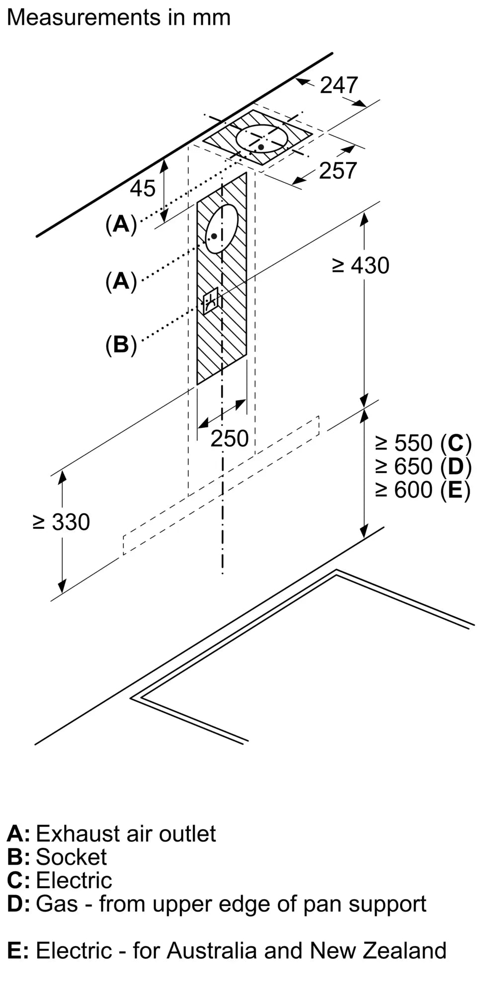 Bosch DWB64BC51B chimney cooker hood – technical line drawing