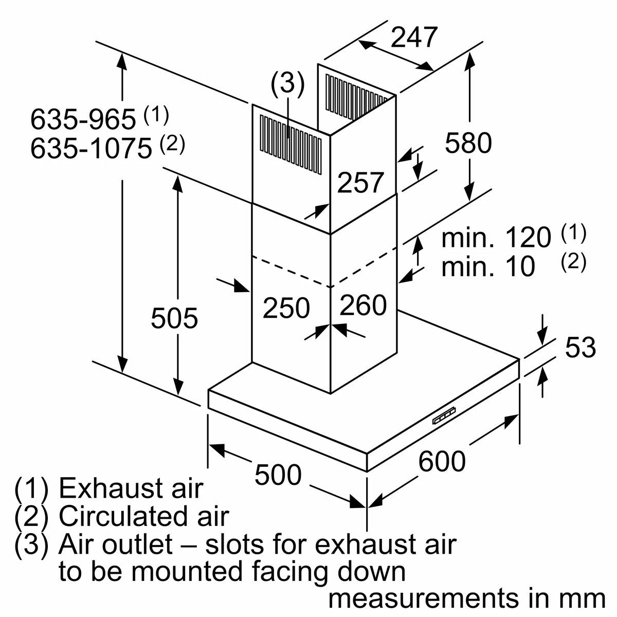 Bosch DWB64BC51B chimney cooker hood – technical line drawing