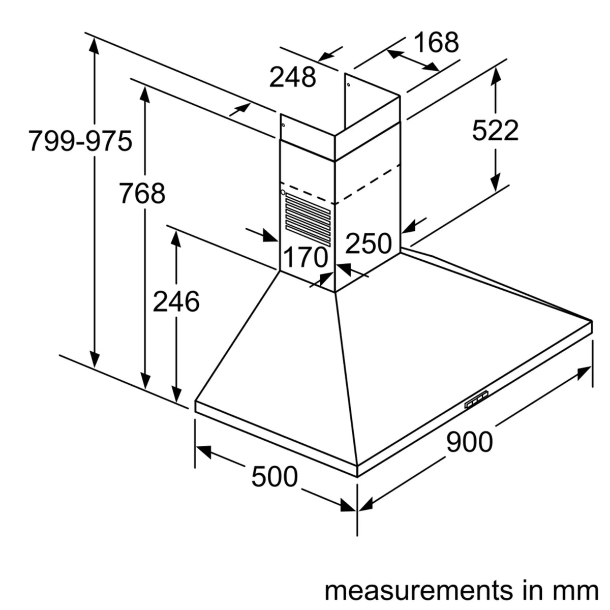 Bosch DWP94BC50B chimney cooker hood – technical line drawing