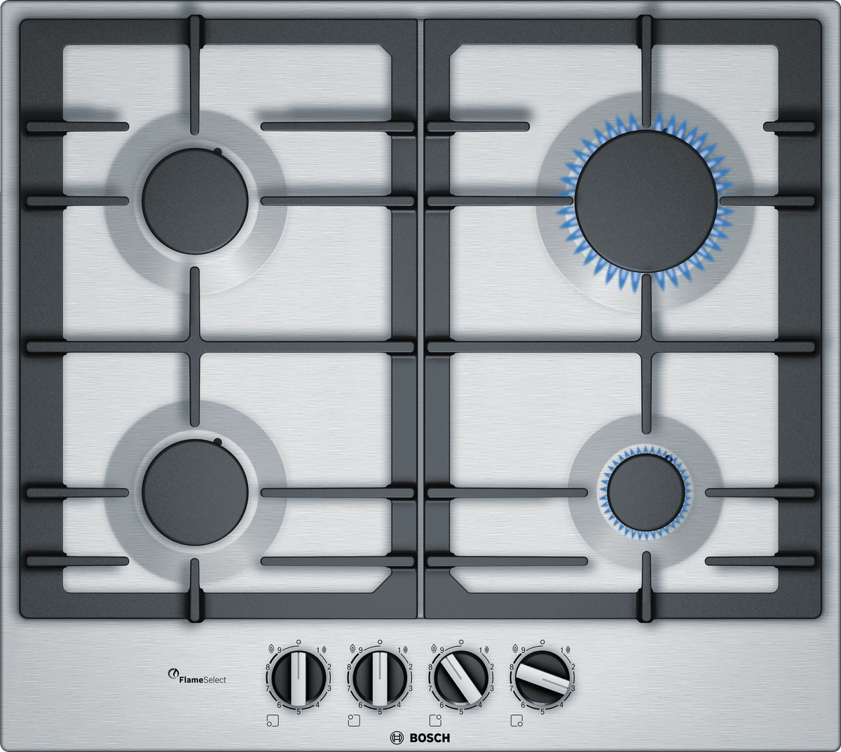 Bosch PCP6A5B90 Series 6 gas hob 60cm stainless steel front view