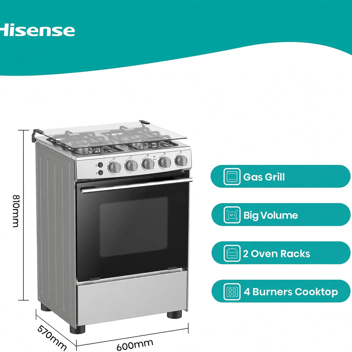 Hisense 60 cm Freestanding Gas Cooker | 4 Gas Burners with Flame Failure Device | Cast Iron Pan Support | Stainless Steel