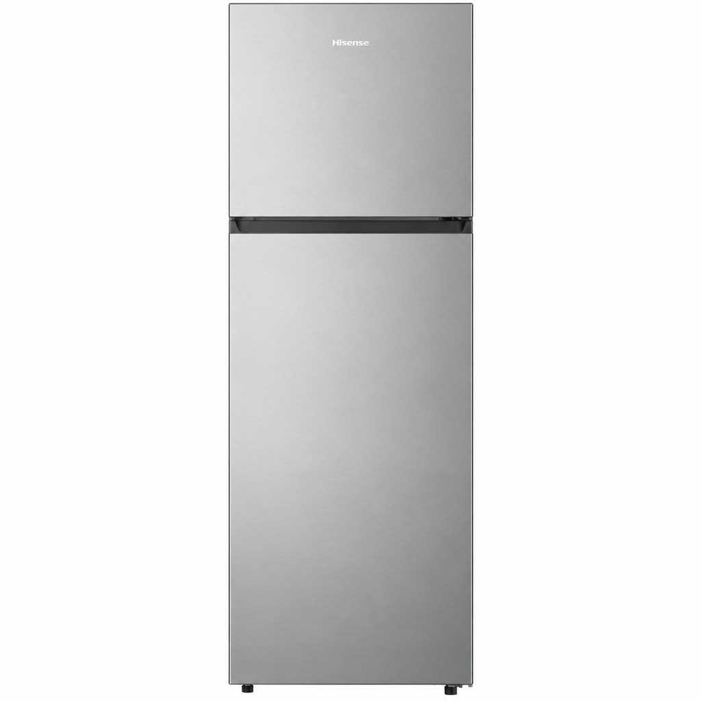 Hisense RT328N4DGN silver double door refrigerator front view on white background
