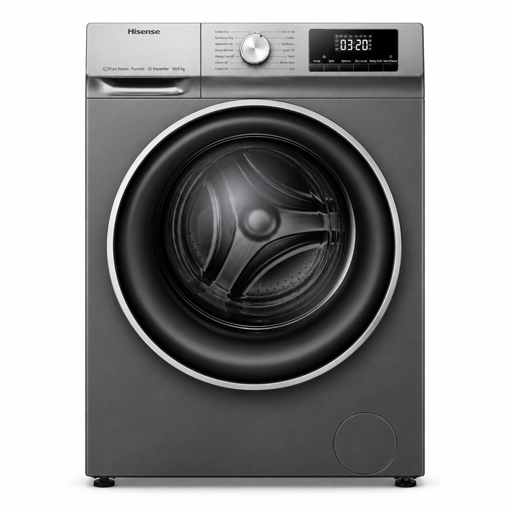 Hisense dark grey 10kg washer dryer with 6kg drying capacity on white background