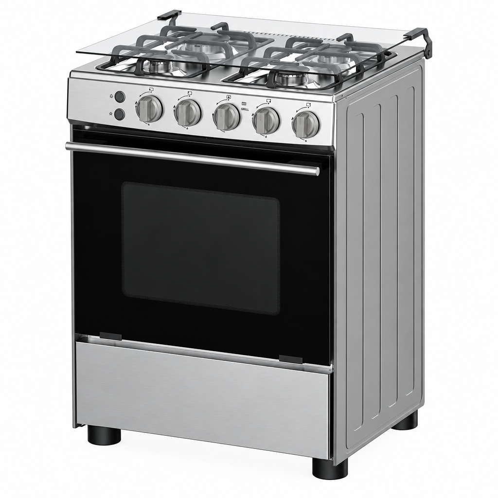 Hisense stainless steel gas cooker angled view on white background