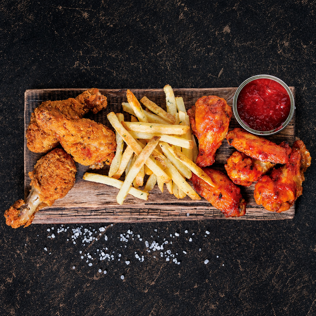 Overhead view of a wooden serving board with fried chicken pieces, french fries, and a small cup of red dipping sauce on a dark textured background.
