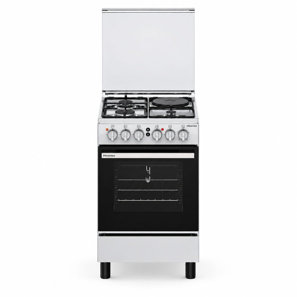 Hisense 50x50cm cooker with three gas burners and one electric plate on white background
