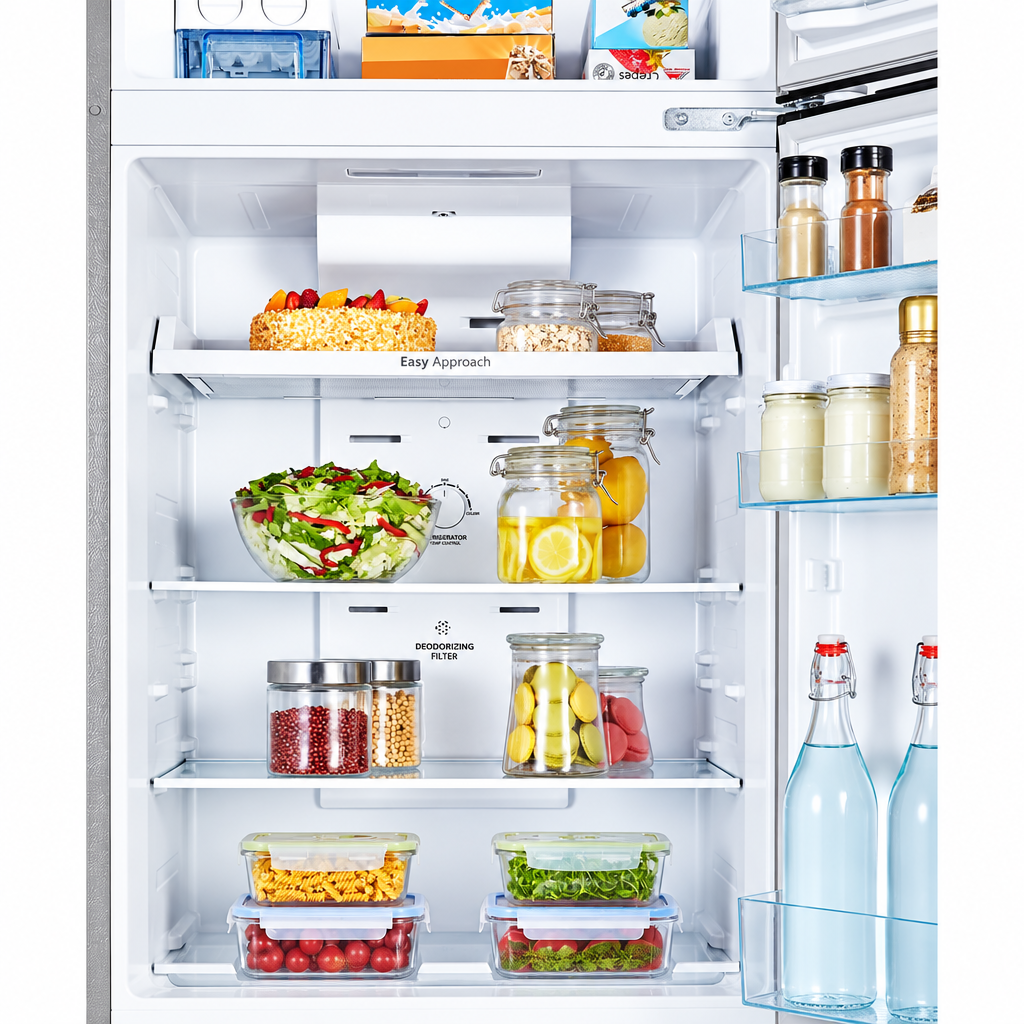 Hisense RT488N4ASU refrigerator interior with shelves and door storage