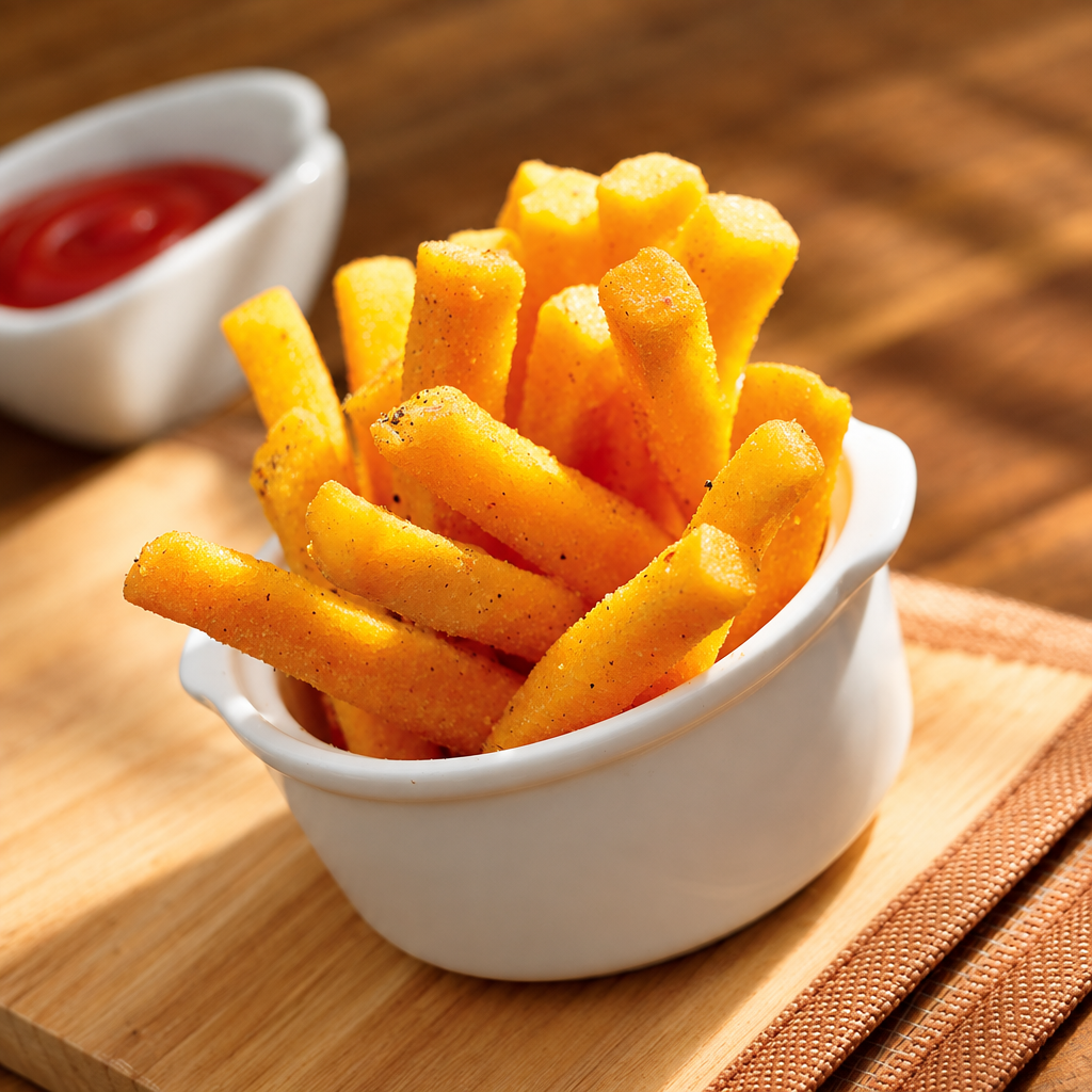 Golden French fries seasoned with black pepper, served in a small white ceramic bowl on a wooden board, with a side of ketchup in a white dish blurred in the background.