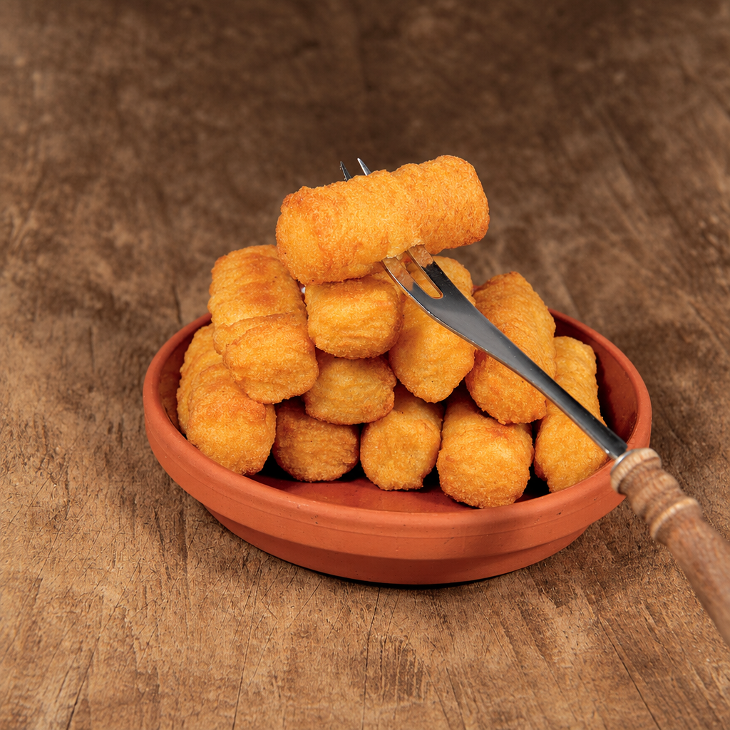 Golden-brown fried cheese sticks piled in a terracotta bowl on a rustic wooden table, with a metal fork lifting one piece.