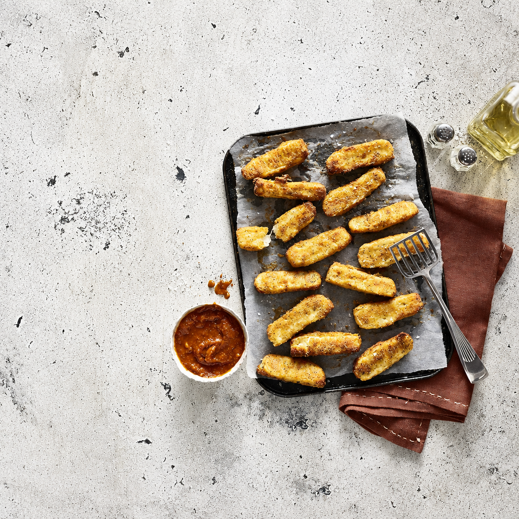 Breaded golden-fried stick pieces arranged on a baking sheet with parchment paper, served with a small cup of reddish dipping sauce, a fork, and a folded brown napkin on a light stone surface.