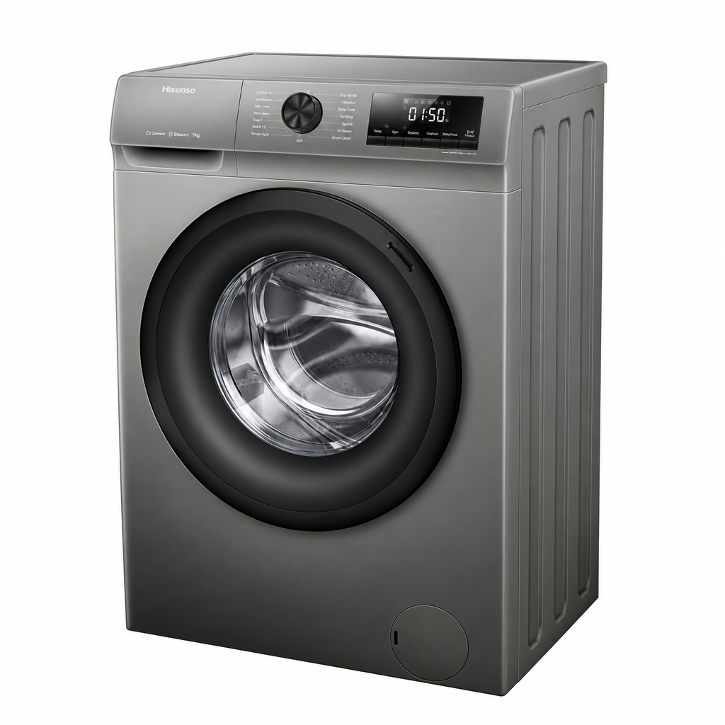 Hisense grey 7kg front load washing machine angled view on white background