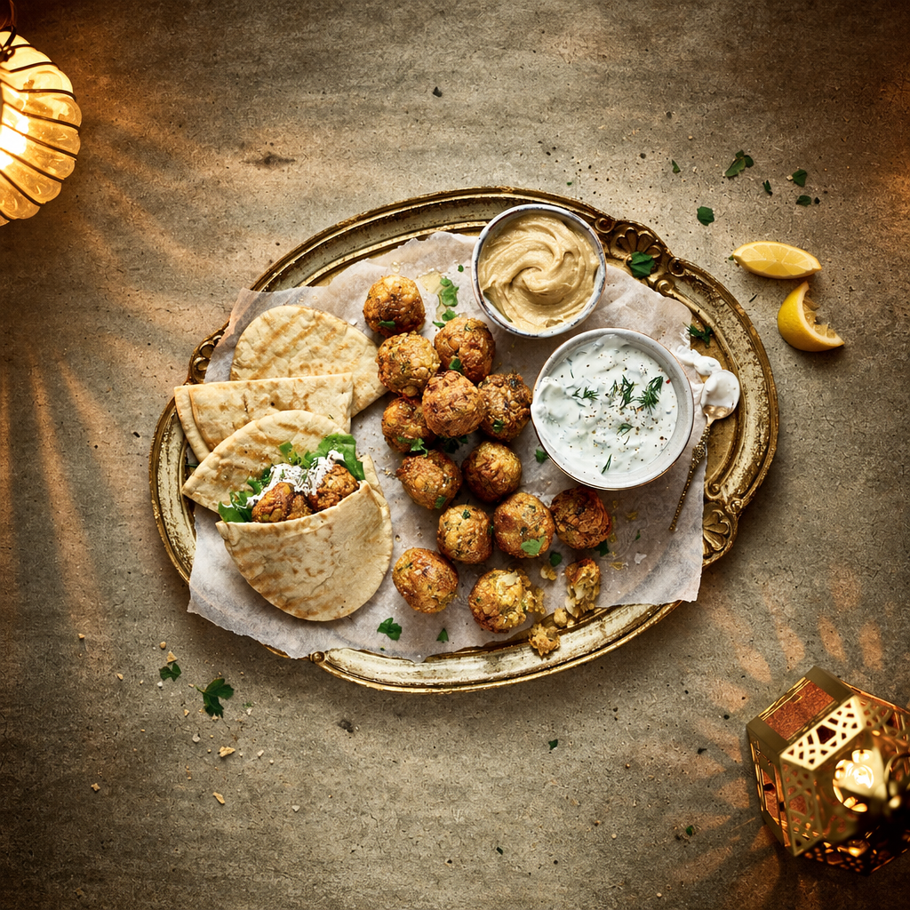 A styled overhead food presentation on an ornate round tray: several pieces of pita bread stuffed with green herb filling, a cluster of golden-brown fried meatballs, a small bowl of creamy beige dip, and a small bowl of white yogurt with herbs. Two lemon wedges sit on the textured tabletop beside the tray.