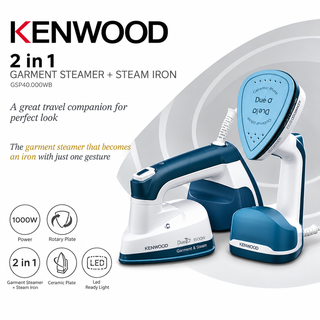KENWOOD 2-in-1 Garment Steamer + Steam Iron 1000W with Rotary Plate | Ceramic Soleplate | LED Light | GSP40.000WB