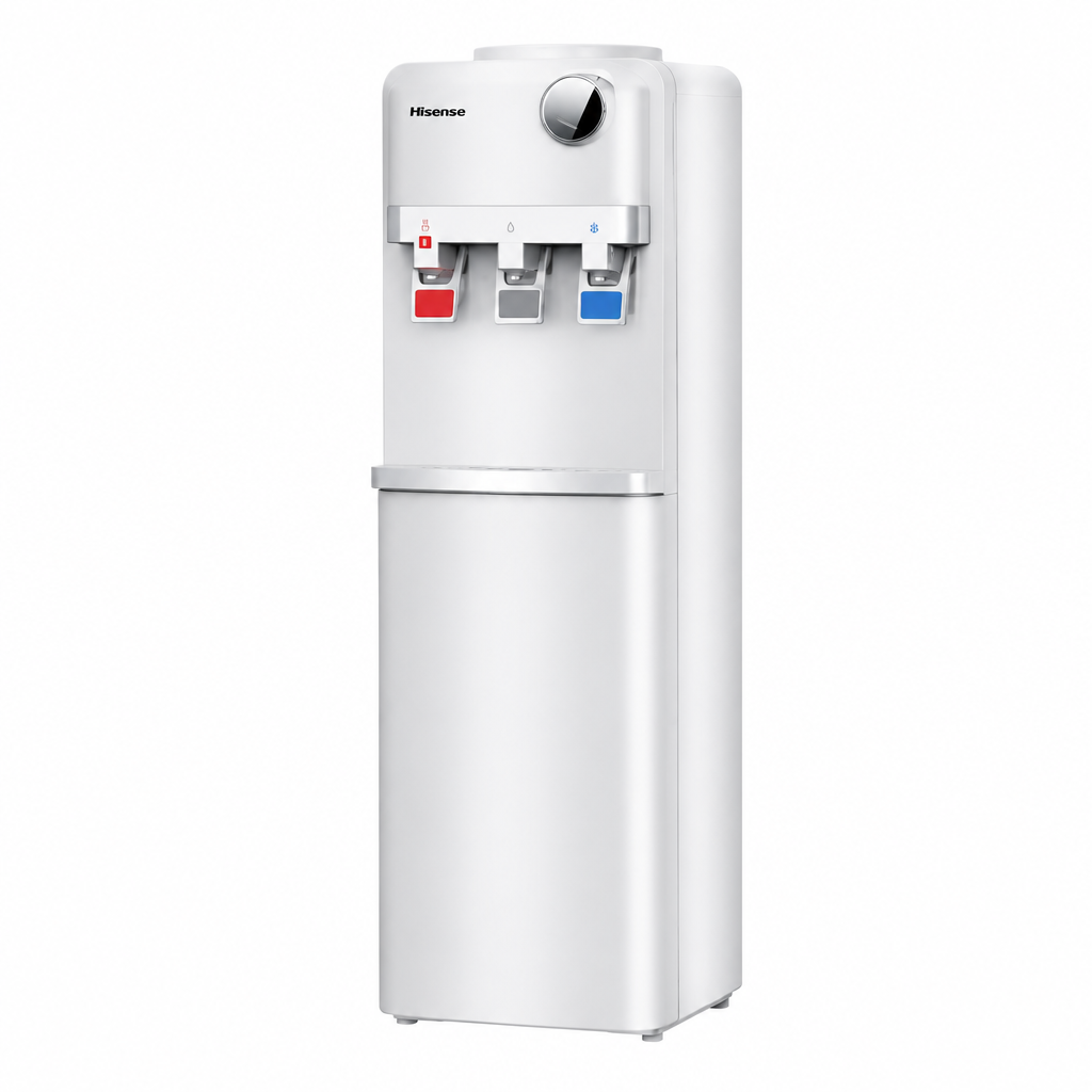 Hisense white three-tap top load water dispenser on white background
