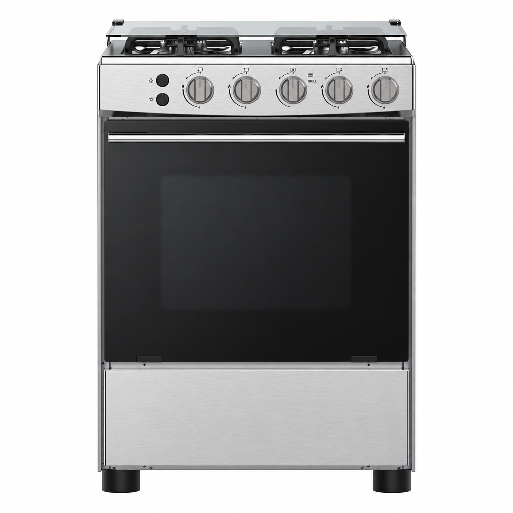 Hisense stainless steel gas cooker front view on white background