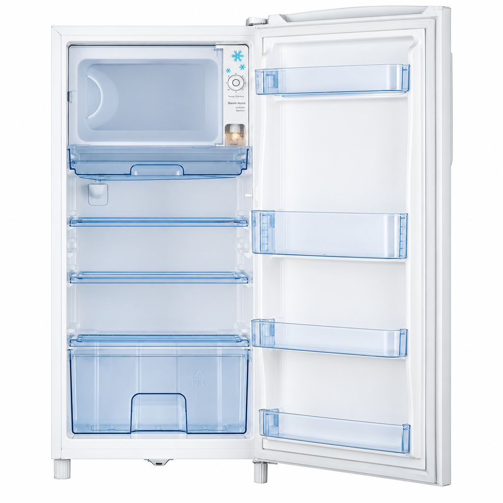 Hisense RR195DAGS refrigerator open interior with freezer compartment shelves and door storage