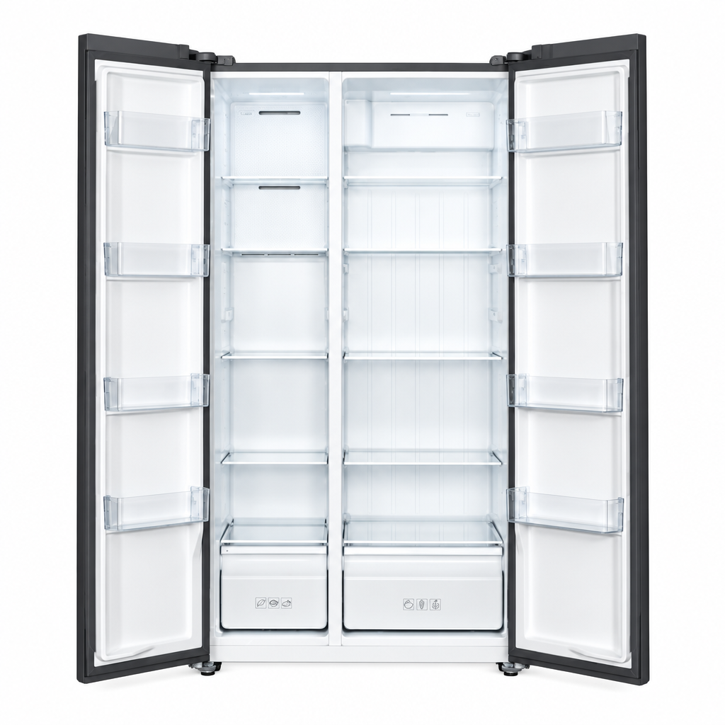 TCL 635L side by side refrigerator with doors open