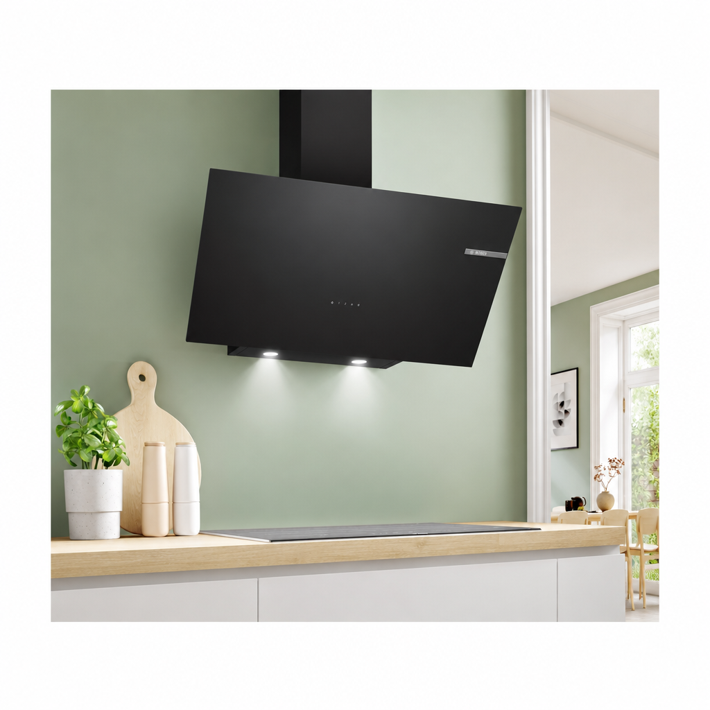 Bosch DWK96PJ60M Series 4 Inclined Cooker Hood, 90cm, Black Glass