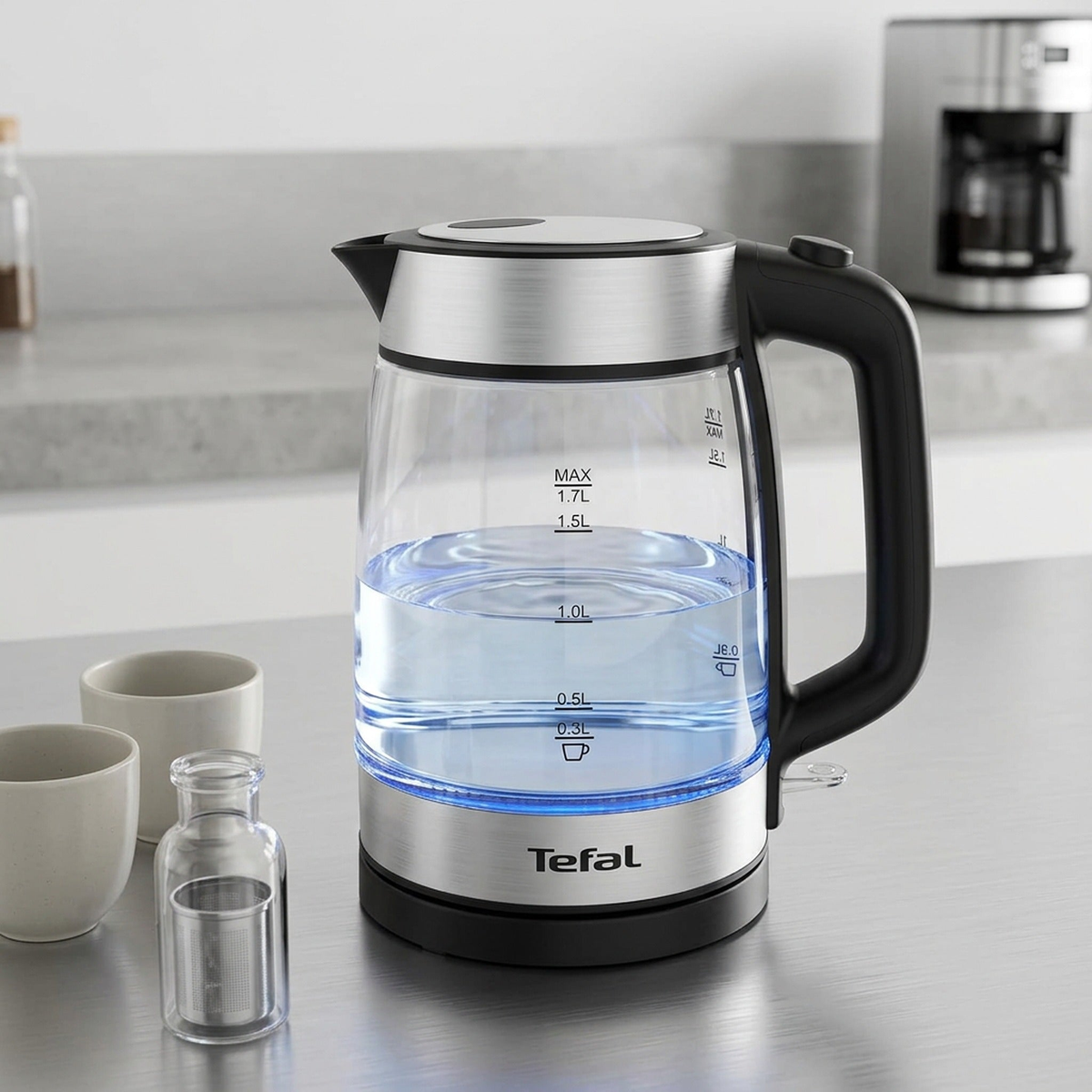 TEFAL Kettle | 1.7 L Glass Electric Kettle | 18050-2200 W | Concealed Heating Element | Cordless 360° Design | Removable Anti-Scale Filter | Precision Spout | Assisted Lid Opening | KI700827