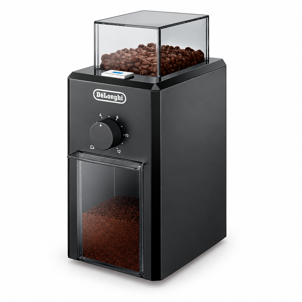 De'Longhi Electric Coffee Grinder | 110W | Burr Grinding System | 12 Settings | Stainless Steel Blade | 12 Cup Capacity | 120g Bean Container | Removable Transparent Lid