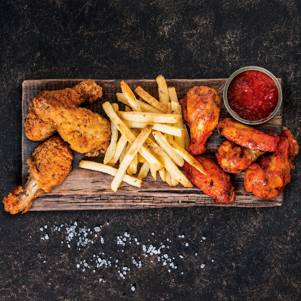 A food platter on a dark wooden board featuring golden-brown fried chicken pieces, classic french fries, and a small glass cup of red dipping sauce, set against a dark textured background with scattered coarse salt.