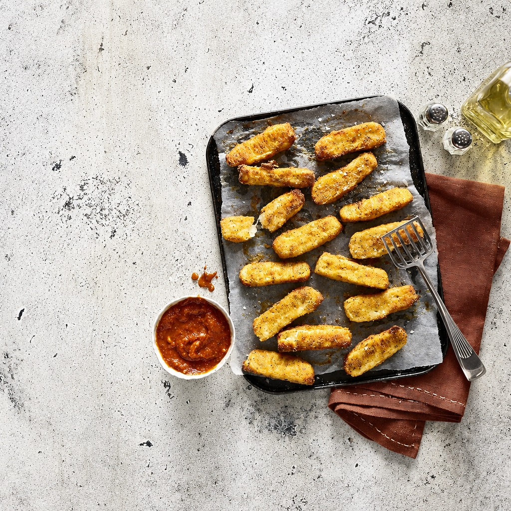 Golden-brown breaded sticks arranged on a black baking tray with parchment paper, served with a small cup of red dipping sauce, a fork, and a brown napkin on a light textured stone surface.