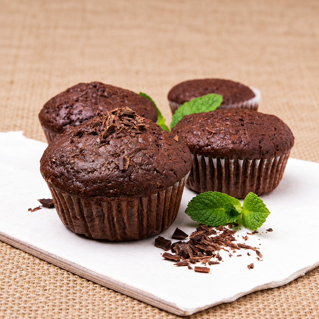 Four chocolate chip muffins in paper liners on a white plate, garnished with mint leaves and chocolate shavings, set on a burlap-textured background.