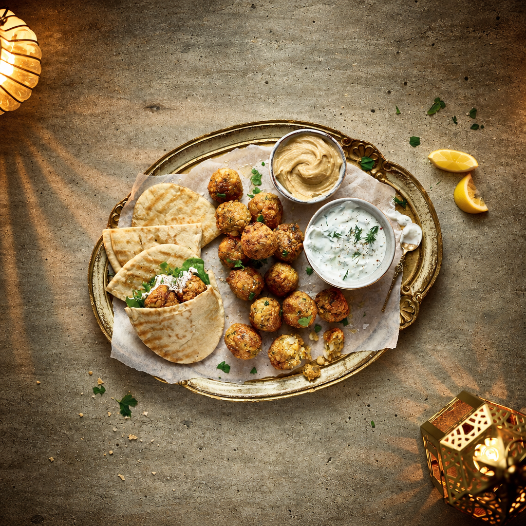 An overhead styled food shot of a gold tray holding faloodas, pita bread, a bowl of tahini, and a bowl of white chutney, arranged on a textured stone surface with lanterns and lemon wedges nearby.