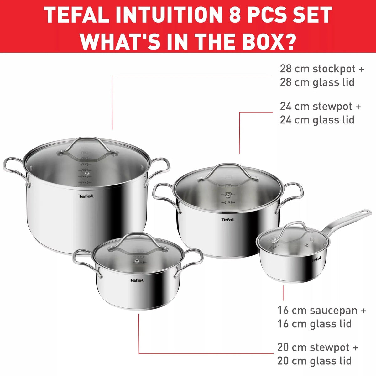 Tefal Intuition 8-Piece Stainless Steel Cookware Set | B864S874