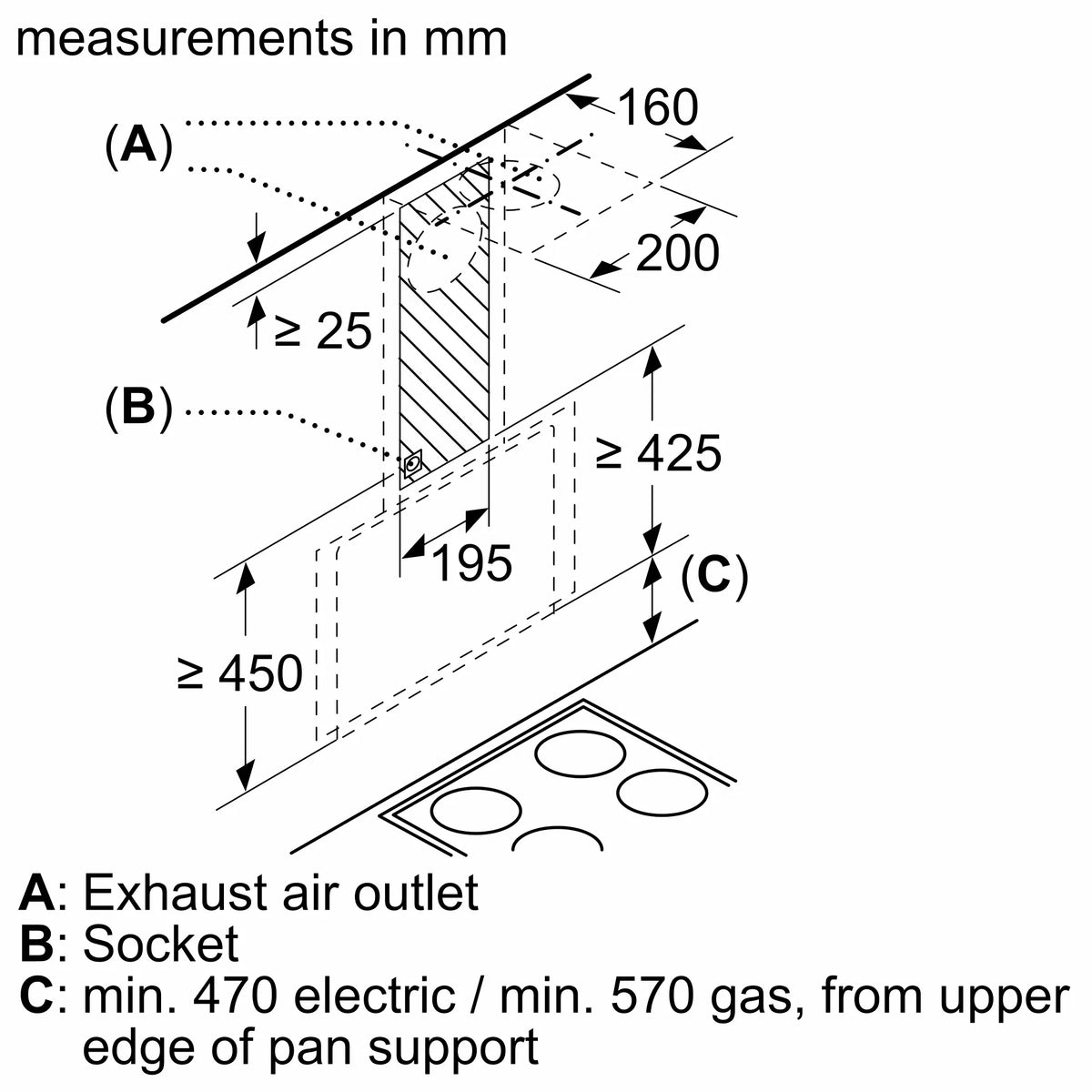 Bosch DWK96AJ60M inclined cooker hood – technical line drawing