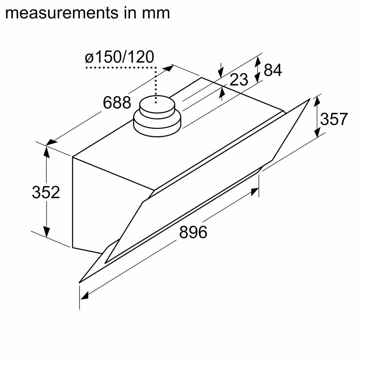 Bosch DWK96AJ60M inclined cooker hood – technical line drawing