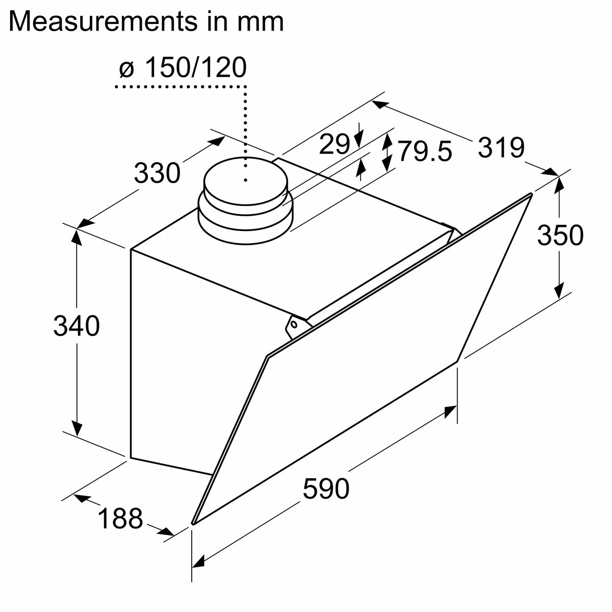 Bosch DWK63PJ61M inclined cooker hood – technical line drawing