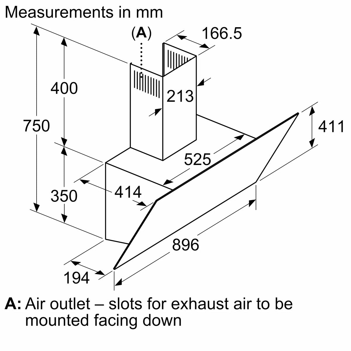 Bosch DWK96PJ60M inclined cooker hood – technical line drawing