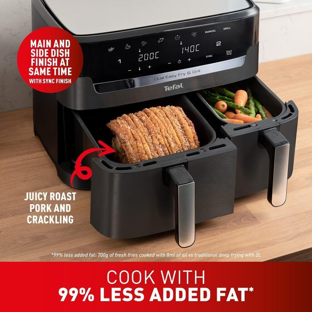 TEFAL Air Fryer Dual Easy Fry 8.3 L Dual Drawers Complete Family Meal 7 Pre-Set Programs Dishwasher-Safe Parts Dedicated App