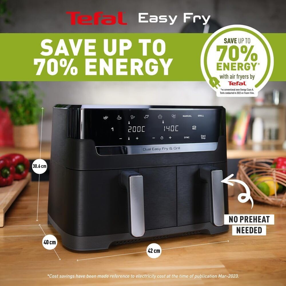 TEFAL Air Fryer Dual Easy Fry 8.3 L Dual Drawers Complete Family Meal 7 Pre-Set Programs Dishwasher-Safe Parts Dedicated App