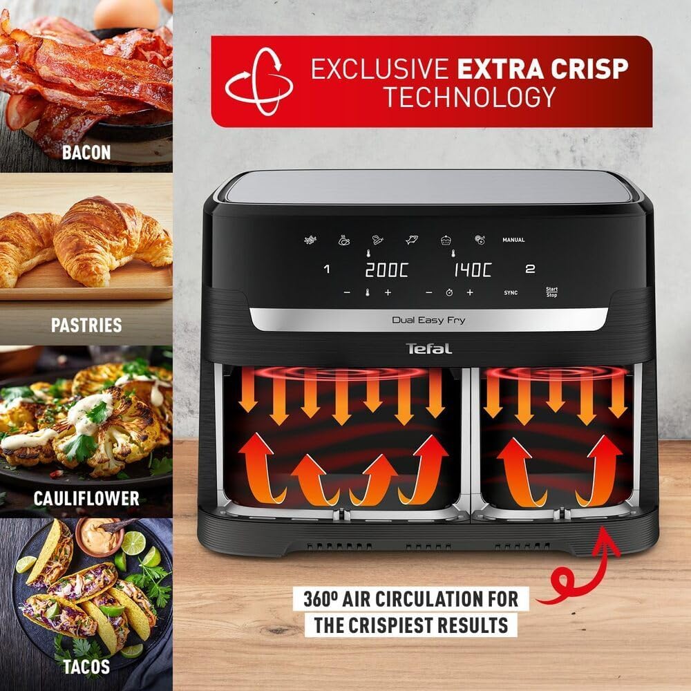 TEFAL Air Fryer Dual Easy Fry 8.3 L Dual Drawers Complete Family Meal 7 Pre-Set Programs Dishwasher-Safe Parts Dedicated App