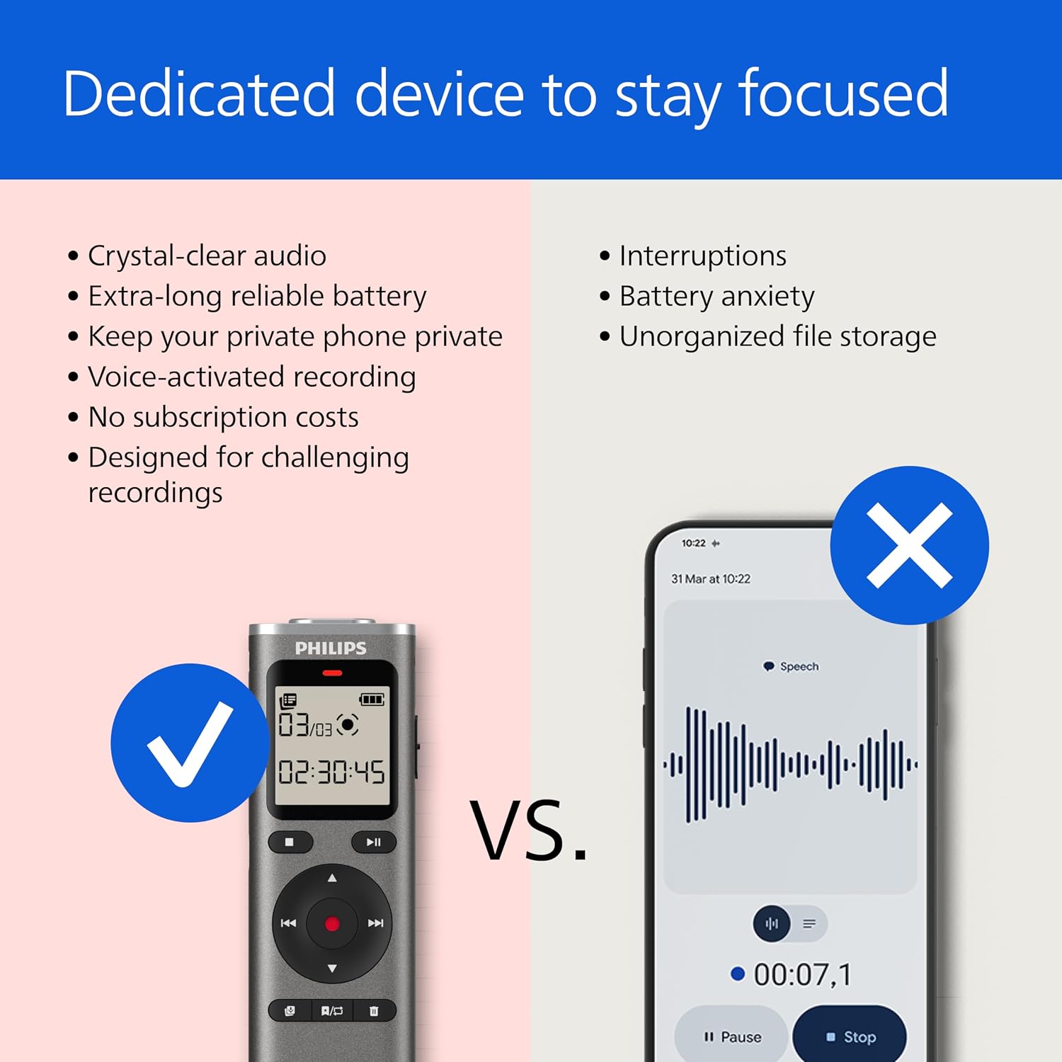 Philips DVT1170 VoiceTracer | Audio Recorder | 360° Microphone for Excellent Sound