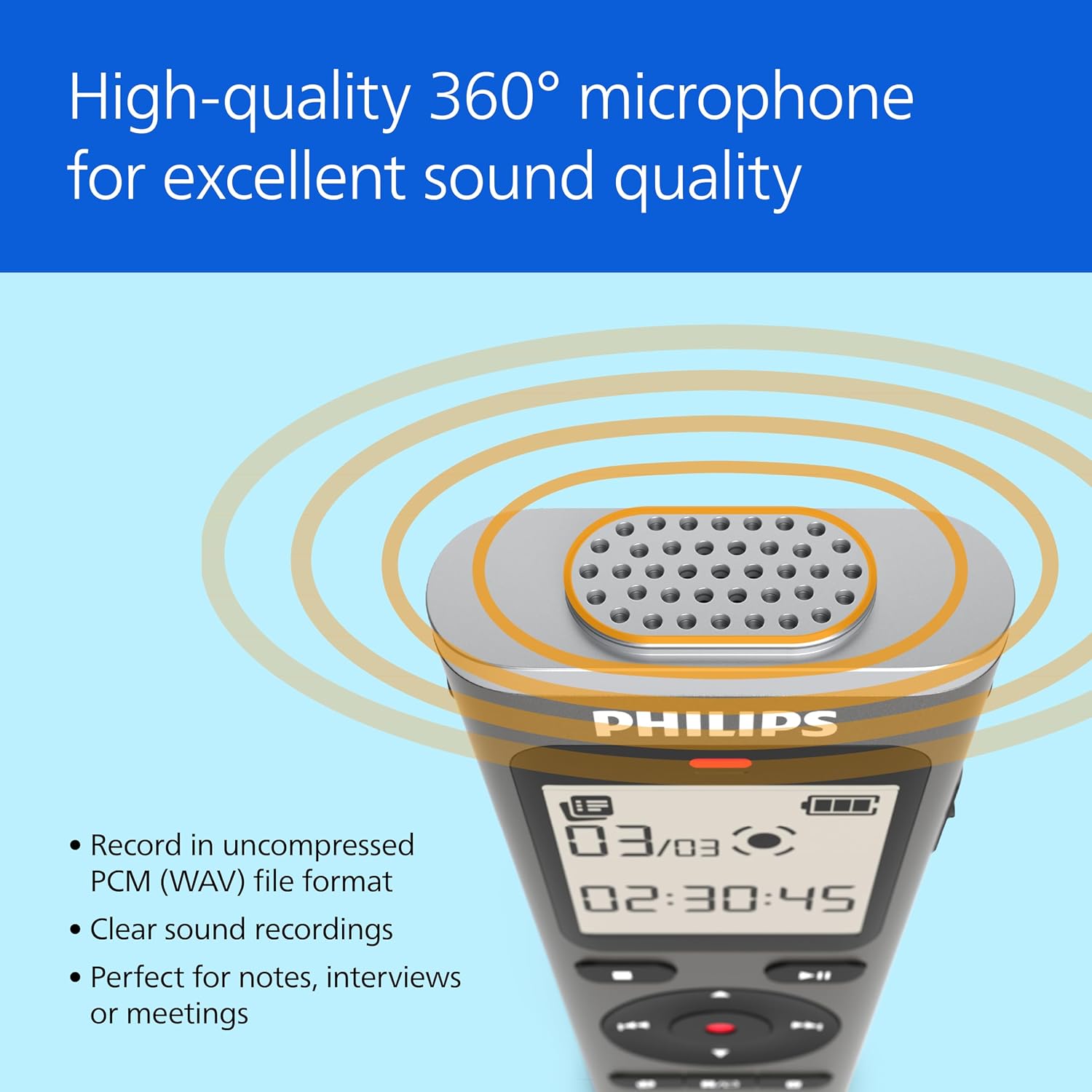 Philips DVT1170 VoiceTracer | Audio Recorder | 360° Microphone for Excellent Sound