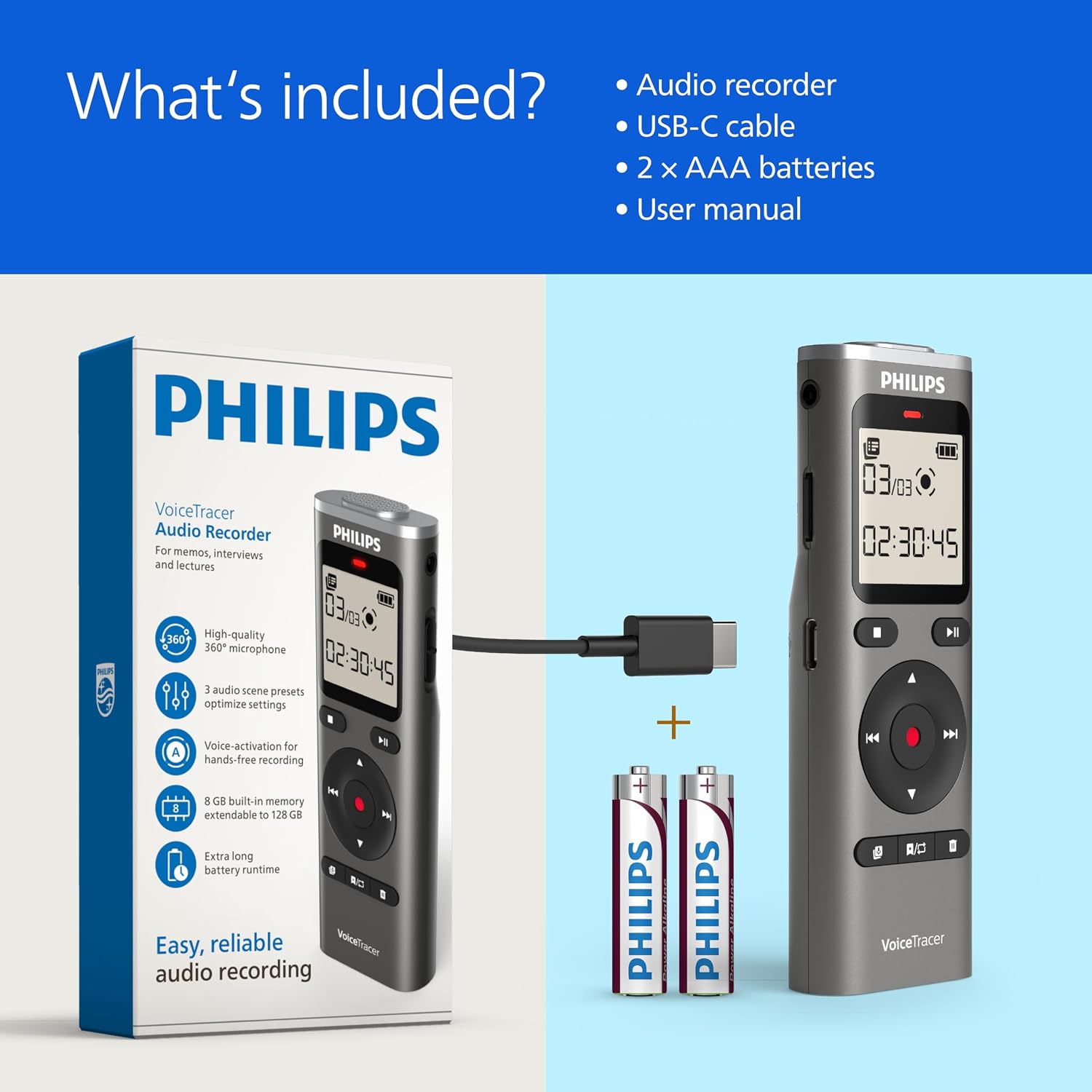 Philips DVT1170 VoiceTracer | Audio Recorder | 360° Microphone for Excellent Sound