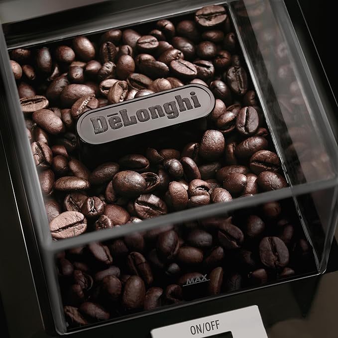 De'Longhi Electric Coffee Grinder | 110W | Burr Grinding System | 12 Settings | Stainless Steel Blade | 12 Cup Capacity | 120g Bean Container | Removable Transparent Lid
